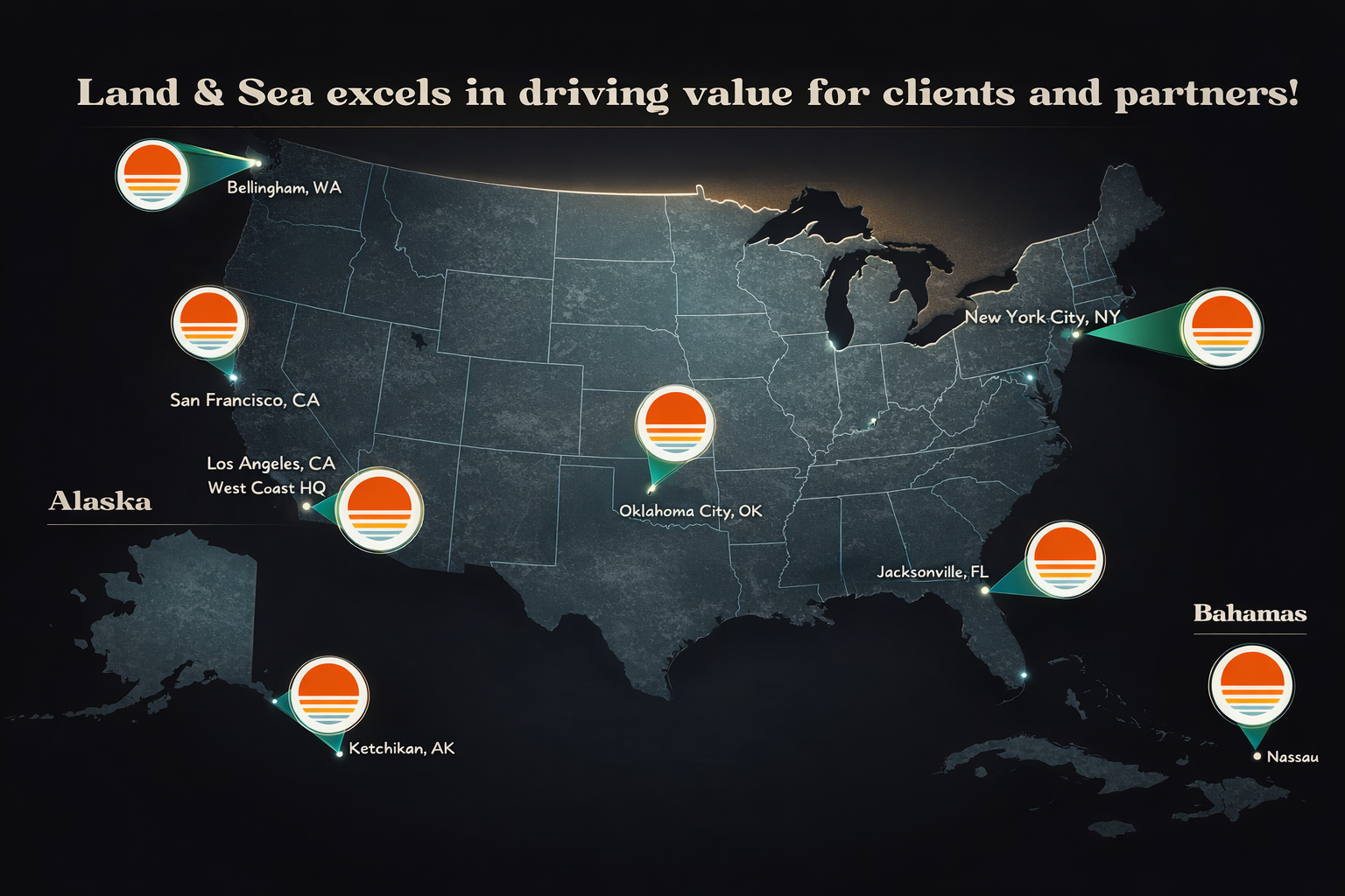 Land & Sea operations map showing 8 markets across the United States and Caribbean